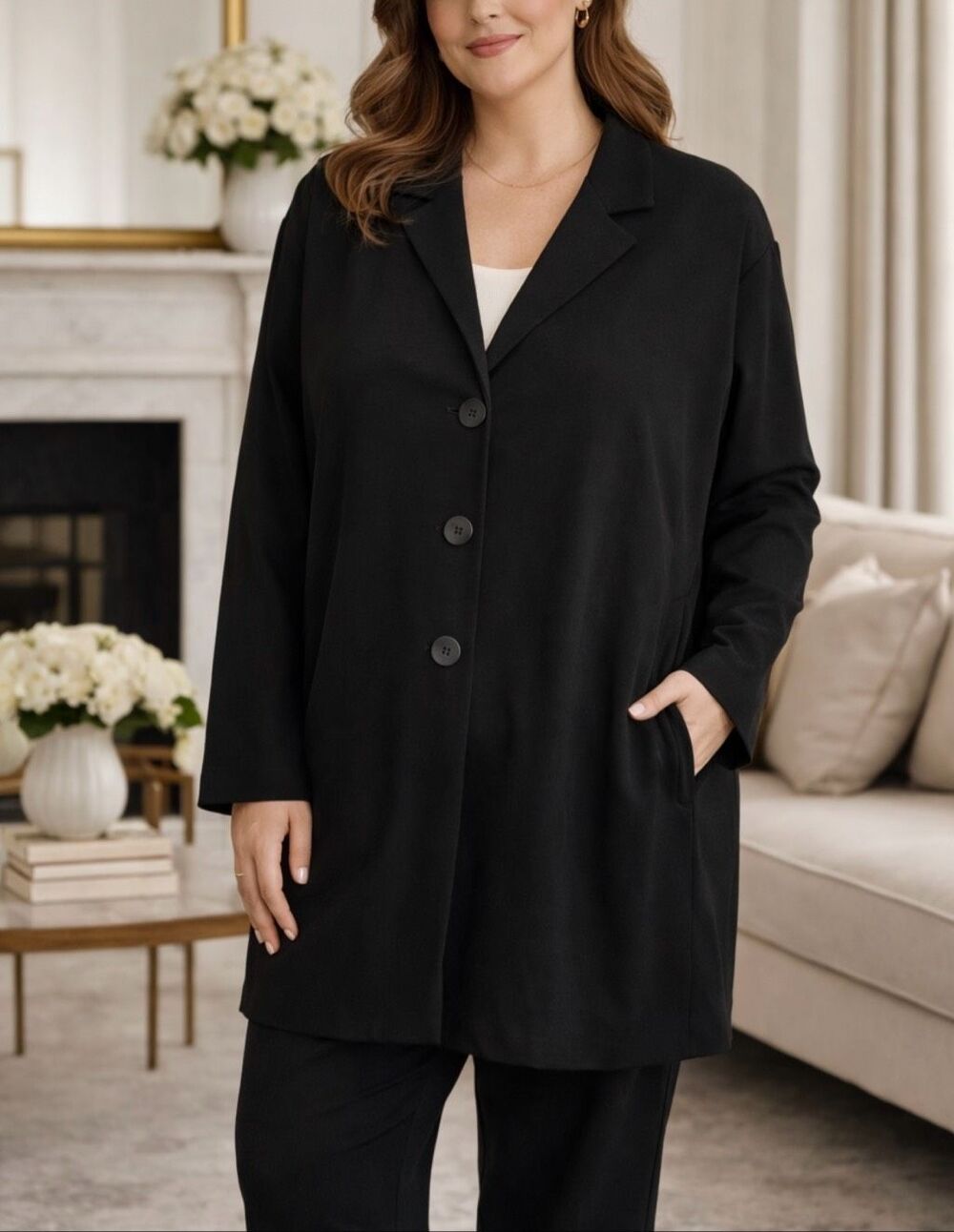 Eileen Fisher Black Longline Button Front Blazer Jacket Minimalist Plus 1X